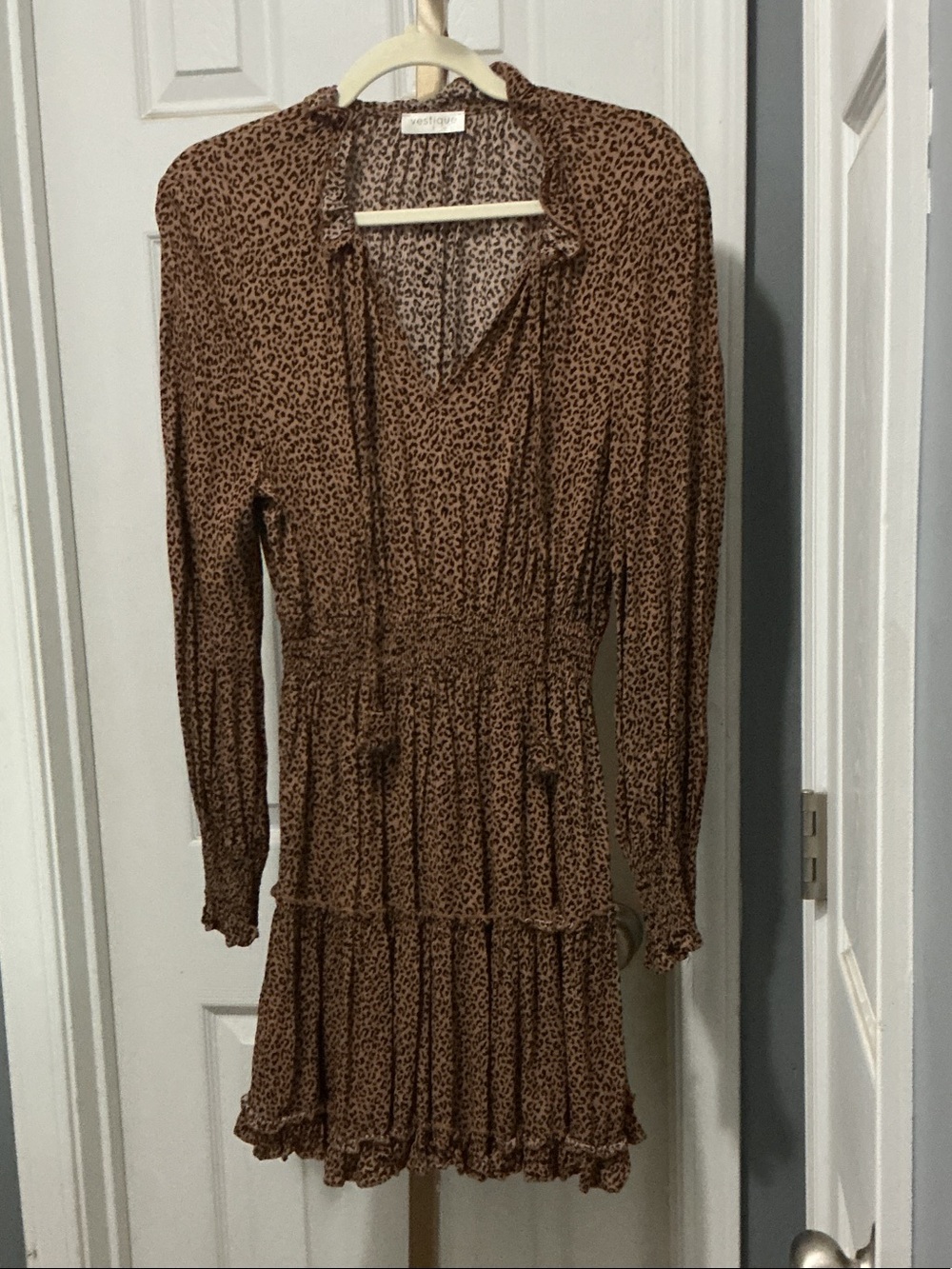 vestique Brown Leopard-Print Long Sleeve Tiered Dress